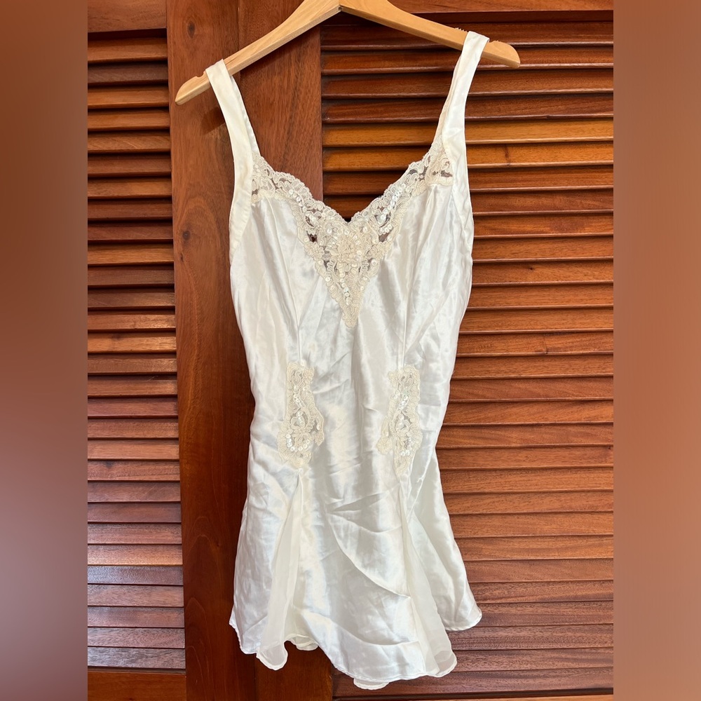Victoria's Secret — Vintage White Slip Dress With Lace Neckline And Sequins